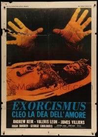 5k325 BLOOD FROM THE MUMMY'S TOMB Italian 1p '74 Hammer, two hands over sexy woman in sarcophagus!