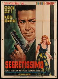 5k292 SEGRETISSIMO Italian 2p '67 art of spy Gordon Scott & Magda Konopka w/guns by Renato Casaro!