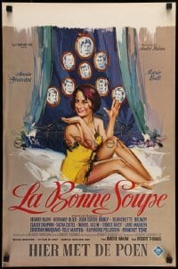 5p252 LA BONNE SOUPE Belgian '64 art of sexy Annie Girardot on bed in nightie by Ray!