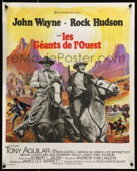5p714 UNDEFEATED French 18x22 '69 John Wayne & Rock Hudson, wonderful Grinsson landscape art!