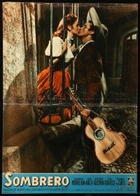 5p851 SOMBRERO Italian 19x27 pbusta '53 Montalban kissing Pier Angeli while holding guitar!