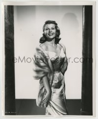 5s285 FIRE DOWN BELOW 8.25x10 still '57 Rita Hayworth standing in sexy dress wearing fur by Coburn