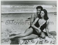5s367 HELL WITH HEROES 7.5x9.5 still '68 sexy Claudia Cardinale in swimsuit w/Rod Taylor on beach!