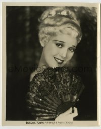5s501 LORETTA YOUNG 8x10.25 still '30s great sexy smiling portrait with blonde hair & lace fan!