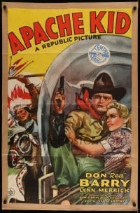5t047 APACHE KID 1sh '41 art of Don Red Barry & Lynn Merrick on stagecoach chased by Indian!