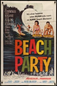 5t075 BEACH PARTY 1sh '63 Frankie Avalon & Annette Funicello riding a wave on surf boards!