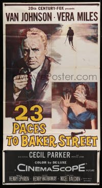 5w231 23 PACES TO BAKER STREET 3sh '56 artwork of Van Johnson with phone & scared Vera Miles!