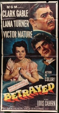 5w289 BETRAYED 3sh '54 art of Clark Gable, Victor Mature & sexy brunette Lana Turner!
