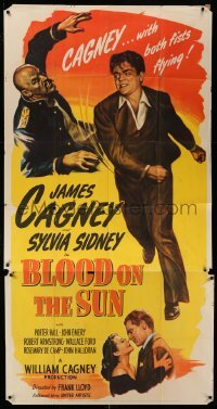 5w308 BLOOD ON THE SUN 3sh '45 art of James Cagney with both fists flying + sexy Sylvia Sidney!