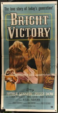 5w325 BRIGHT VICTORY 3sh '51 close up of blind veteran Arthur Kennedy kissing pretty Peggy Dow!