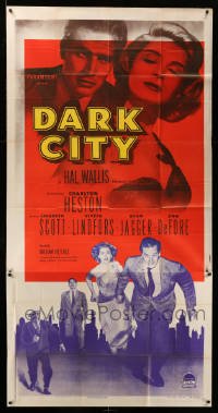 5w388 DARK CITY 3sh '50 introducing Charlton Heston, sexy Lizabeth Scott, Chicago film noir!