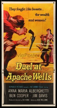 5w418 DUEL AT APACHE WELLS 3sh '57 they fought like beasts for wealth and women, cool gun duel art!