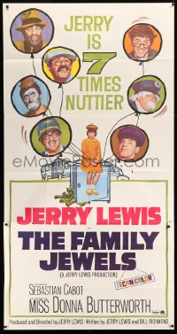 5w434 FAMILY JEWELS 3sh '65 Jerry Lewis is seven times nuttier in seven roles, wacky art!