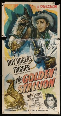 5w483 GOLDEN STALLION 3sh '49 great art of Roy Rogers with guns drawn & Trigger + Dale Evans!