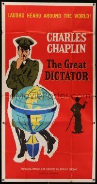 5w493 GREAT DICTATOR 3sh R58 art of Charlie Chaplin by globe, wacky World War II comedy!