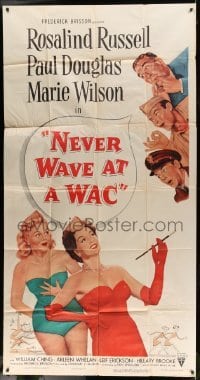 5w695 NEVER WAVE AT A WAC 3sh '53 art of guys whistling at Rosalind Russell & Marie Wilson!