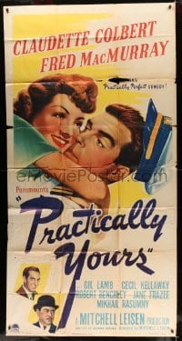5w775 PRACTICALLY YOURS 3sh '44 art of Claudette Colbert hugging Air Force pilot Fred MacMurray!