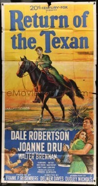 5w808 RETURN OF THE TEXAN 3sh '52 art of Dale Robertson on horseback & holding Joanne Dru!