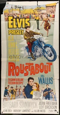 5w819 ROUSTABOUT 3sh '64 roving, restless, reckless Elvis Presley on motorcycle with guitar!