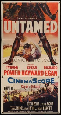 5w944 UNTAMED 3sh '55 cool art of Tyrone Power & Susan Hayward in Africa with native tribe!