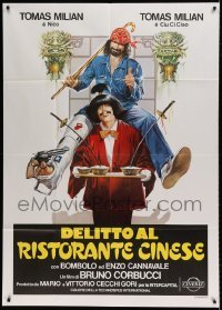 5w115 CRIME AT THE CHINESE RESTAURANT Italian 1p '81 wacky art of Tomas Milian in a dual role!