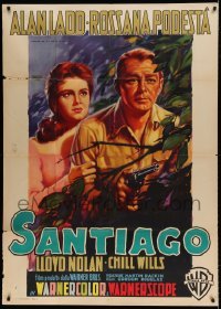 5w169 SANTIAGO Italian 1p '56 Martinati art of Alan Ladd with gun & Rossana Podesta in the jungle!