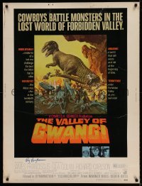 5y203 VALLEY OF GWANGI signed 30x40 '69 by Ray Harryhausen, McCarthy art of cowboys vs dinosaurs!