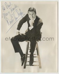 5y331 DICK VAN DYKE signed deluxe 8x10 still '80s great smiling portrait sitting on stool!