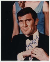 5y628 GEORGE LAZENBY signed color 8x10 REPRO still '90s great close up as James Bond in tuxedo!