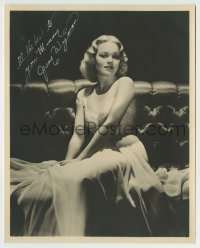 5y377 JANE WYMAN signed deluxe 8x10 still '30s sexy seated portrait over black background!