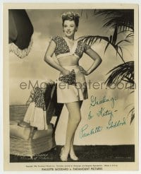 5y439 PAULETTE GODDARD signed 8.25x10 still '44 full-length modeling a skimpy two-piece outfit!