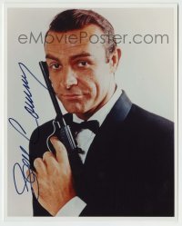 5y695 SEAN CONNERY signed color 8x10 REPRO still '80s best portrait as James Bond in tuxedo w/ gun!