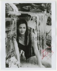 5y888 YVONNE DE CARLO signed 8x10.25 REPRO still '80s sexy swimsuit portrait under tiny waterfall!