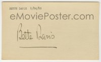5y545 BETTE DAVIS signed 3x5 index card '53 it can be matted & framed with a still!