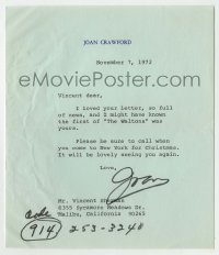5y043 JOAN CRAWFORD signed letter '72 complimenting director Vincent Sherman on first Waltons!