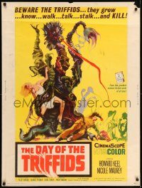 5z411 DAY OF THE TRIFFIDS 30x40 '62 classic English sci-fi horror, cool art of monster with girl!