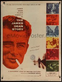 5z437 JAMES DEAN STORY 30x40 '57 cool close up smoking artwork, was he a Rebel or a Giant?