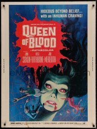 5z476 QUEEN OF BLOOD 30x40 '66 Basil Rathbone, cool art of female monster & victims in her web!