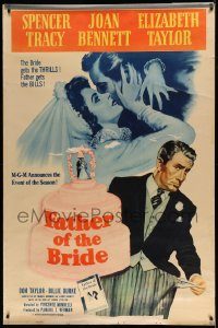 5z268 FATHER OF THE BRIDE 40x60 R62 art of Liz Taylor in wedding gown & broke Spencer Tracy!