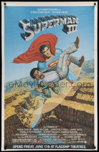 5z374 SUPERMAN III half subway '83 art of Reeve flying with Richard Pryor by Salk!