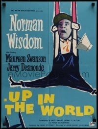 6a321 UP IN THE WORLD English lift bill '56 wacky art of Norman Wisdom with bucket!