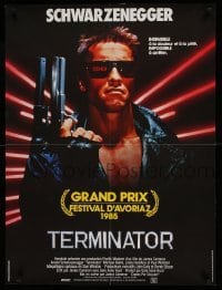 6a590 TERMINATOR French 24x32 '85 close up of classic cyborg Arnold Schwarzenegger with gun!