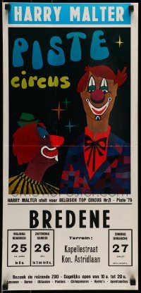 6b099 HARRY MALTER PISTE CIRCUS 13x28 Belgian circus poster '75 cool artwork of two clowns!