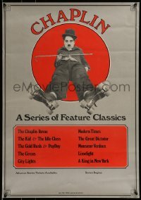 6b343 CHAPLIN 20x28 film festival poster '73 image of Charlie with cane wearing roller skates!