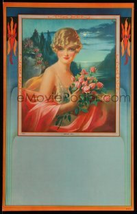 6b556 GENE PRESSLER 14x22 special '20s art of pretty woman holding flowers, Moonlight Charm!