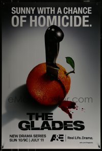 6b443 GLADES tv poster '10 bleeding orange with knife stuck in it, sunny with a chance of homicide