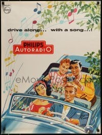 6b319 PHILIPS 23x32 Dutch advertising poster '50s art of people enjoying their car radio, Autoradio!