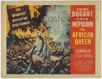 6c036 AFRICAN QUEEN TC '52 colorful artwork of missionary Katharine Hepburn in native uprising!