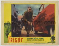 6c596 FRIGHT LC #2 '57 c/u of man running between two cars, directed by Billy Wilder's brother!
