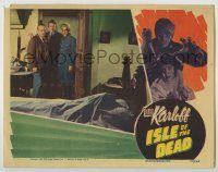 6c664 ISLE OF THE DEAD LC '45 Boris Karloff, Jason Robards & Cramer stare at body on bed, Val Lewton
